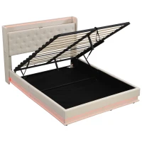King Upholstered Bed Frame with Hydraulic Storage, LED Lighting and Charging Station, Linen Ottoman Bed with USB and Type-C Ports, 212L x 156W x 113H cm, Beige(m-13)