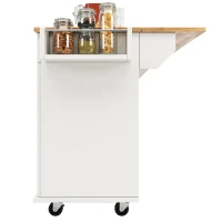 Waterproof Kitchen Island Trolley with Rolling Casters, Adjustable Shelf, Elegant Kitchen Cart with Folding Side Board, 128L x 78W x 90.5H cm, White(m-13)