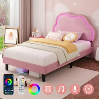Single Upholstered Bed with Adjustable Cloud Headboard and RGB LED, Perfect for Sophisticated and Modern Bedroom, 194L x 106W x 118H cm, Pink(m-8)