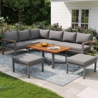 Space-Saving L-Shaped Sofa with Wooden Coffee Table, Stool Table Boxes, Outdoor Garden Lounge Set for 7-8 People, 115L x 60W x 78.5H cm, Grey(m-1)