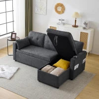 3-in-1 Convertible Sofa Bed with Internal Storage Chaise, L Shaped Sleeper Sofa with Cup Holders and Pillows, 211L x 130W x 86H cm, Grey(m-12)