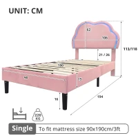 Single Upholstered Bed with Adjustable Cloud Headboard and RGB LED, Perfect for Sophisticated and Modern Bedroom, 194L x 106W x 118H cm, Pink(m-3)