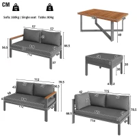 Space-Saving L-Shaped Sofa with Wooden Coffee Table, Stool Table Boxes, Outdoor Garden Lounge Set for 7-8 People, 115L x 60W x 78.5H cm, Grey(m-3)