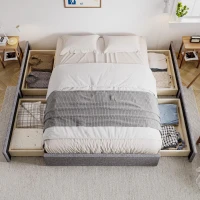 Storage Bed with 4 Drawers, Upholstered Double Bed with Iron Frame and Wooden Slats, 193.5 x 141W x 30H cm, Grey(m-6)