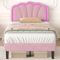 Single Upholstered Bed with LED Adjustable Shell Headboard, Charging Station, Perfect for Sophisticated and Modern Bedroom, 194L x 94W x 111H cm, Pink(m-1)