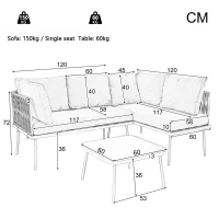 Modern Space-Saving L-Shaped Corner Sofa with Glass Coffee Table, Outdoor Garden Lounge Set for 4-5 People, 120L x 60W x 86H cm, Grey(m-3)
