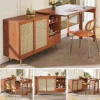 360° Rotating Bar Table with Expandable Design, Open Shelf, Rattan Door, Storage Cabinet for Kitchen, Living Room, 187L x 80W x 76H cm, Brown(m-9)