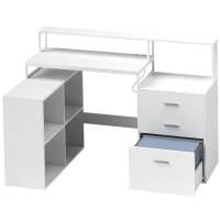 HOMCOM Birou în Formă de L cu Prize de Curent, Sertar și Suport pentru Monitor, 138,5x90x92 cm, Alb(m-11)