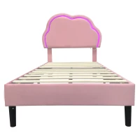 Single Upholstered Bed with Adjustable Cloud Headboard and RGB LED, Perfect for Sophisticated and Modern Bedroom, 194L x 106W x 118H cm, Pink(m-2)