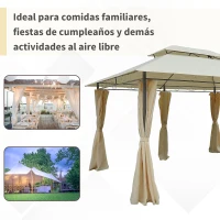 Outsunny Gazebo de Exterior 3x4 m con Paredes Laterales Doble Techo 6 Puertas con Cremallera y 8 Orificios de Drenaje Crema(m-6)