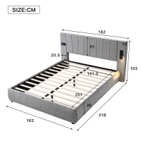 Upholstered King Size Bed with Stereo and Charging Ports, Velvet and Iron Frame, 218L x 182W x 103H cm, Grey(m-3)