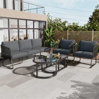 Space-Saving Outdoor Garden Lounge Set with Glass Coffee Table, Adjustable Foot Pads, Versatile Sofa Set for Patio, Porch, Backyard, Grey(m-1)