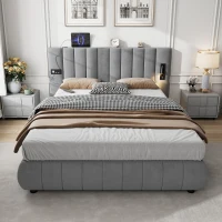 Upholstered King Size Bed with Stereo and Charging Ports, Velvet and Iron Frame, 218L x 182W x 103H cm, Grey(m-1)