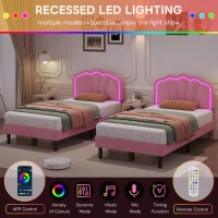 Single Upholstered Bed with LED Adjustable Shell Headboard, Charging Station, Perfect for Sophisticated and Modern Bedroom, 194L x 94W x 111H cm, Pink(m-7)