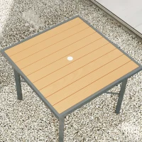 Outsunny Garden Table, 90cm Square Outdoor Patio Dining Table with 4.2 cm Umbrella Hole, Metal Frame, Wood Effect Top, for Terrace, Balcony, Natural Wood Finish(m-9)