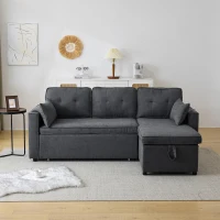 3-in-1 Convertible Sofa Bed with Internal Storage Chaise, L Shaped Sleeper Sofa with Cup Holders and Pillows, 211L x 130W x 86H cm, Grey(m-10)