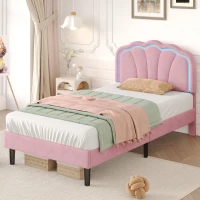 Single Upholstered Bed with LED Adjustable Shell Headboard, Charging Station, Perfect for Sophisticated and Modern Bedroom, 194L x 94W x 111H cm, Pink(m-9)