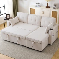 3-in-1 Convertible Sofa Bed with Reversible Chaise, Internal Storage and Cup Holders, L-Shaped Sleeper Sofa with Pillows, 211L x 130W x 86H cm, Beige(m-2)