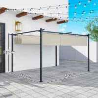 Outsunny 3 x 4m Metal Pergola with Retractable Roof and Roller Shade, Wall-Mounted or Free Standing Gazebo Canopy Pergola Kit, UPF30+ Outdoor Sun Shelter, Beige(m-3)
