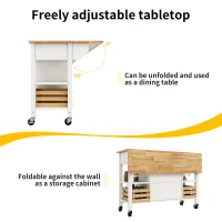 Rolling Kitchen Island Trolley with Adjustable Shelf, 3 Drawers, Spice Rack, and Folding Side Board, 120L x 45W x 90H cm, White(m-6)