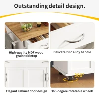Waterproof Kitchen Island Trolley with Rolling Casters, Adjustable Shelf, Elegant Kitchen Cart with Folding Side Board, 128L x 78W x 90.5H cm, White(m-5)