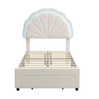 Upholstered Single Bed with Shell Backrest, LED Light Strips, Storage Drawer, Perfect for Sophisticated and Modern Bedroom, 200L x 91W x 114.5H cm, Beige(m-12)