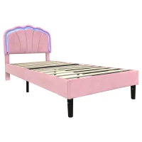 Single Upholstered Bed with LED Adjustable Shell Headboard, Charging Station, Perfect for Sophisticated and Modern Bedroom, 194L x 94W x 111H cm, Pink(m-14)