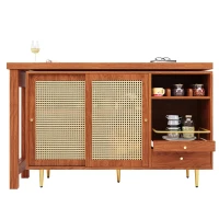 360° Rotating Bar Table with Expandable Design, Open Shelf, Rattan Door, Storage Cabinet for Kitchen, Living Room, 187L x 80W x 76H cm, Brown(m-10)
