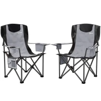 Outsunny Set of 2 Folding Camping Chairs, Padded Camping Chairs with Adjustable Armrests, Portable & Lightweight Folding Camp Chair with Cooler Bag, Cup Holder and Side Pockets, Grey(m-1)