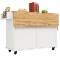 Waterproof Kitchen Island Trolley with Rolling Casters, Adjustable Shelf, Elegant Kitchen Cart with Folding Side Board, 128L x 78W x 90.5H cm, White(m-14)