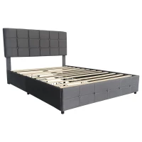 Double Upholstered Bed with 4 Storage Drawers and Charging Station, Adjustable Button Tufted Headboard, Velvet Frame, 195L x 142W x 108H cm, Grey(m-2)