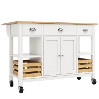 Rolling Kitchen Island Trolley with Adjustable Shelf, 3 Drawers, Spice Rack, and Folding Side Board, 120L x 45W x 90H cm, White(m-2)