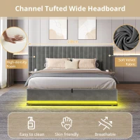 King Ottoman Bed with LED Lighting, Velvet Upholstered Bed with Hydraulic Storage and Channel Tufted Headboard, 238L x 214W x 114H cm, Grey(m-4)