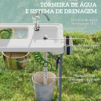 Outsunny Mesa para Campismo Dobrável Mesa com 2 Lavatórios Mangueira de Drenagem Estação de Limpeza 108x58x92 cm Branco(m-4)