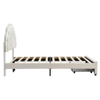 Upholstered Single Bed with Shell Backrest, LED Light Strips, Storage Drawer, Perfect for Sophisticated and Modern Bedroom, 200L x 91W x 114.5H cm, Beige(m-14)