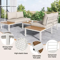Elegant Outdoor Garden Lounge Set with Wooden Table, Thick Cushions, L-Shaped Corner Sofa for 4 People, 145L x 60W x 80H cm, Beige(m-4)