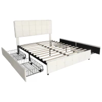 Double Upholstered Bed with 4 Storage Drawers and Charging Station, Adjustable Button Tufted Headboard, Velvet Frame, 195L x 142W x 108H cm, Beige(m-12)