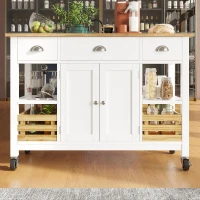 Rolling Kitchen Island Trolley with Adjustable Shelf, 3 Drawers, Spice Rack, and Folding Side Board, 120L x 45W x 90H cm, White(m-1)