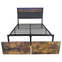 Double Bed Frame with Storage Drawers, RGB LED Headboard and Charging Station, 205L x 136W x 116H cm, Black + Dark Walnut(m-11)