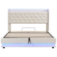 King Upholstered Bed Frame with Hydraulic Storage, LED Lighting and Charging Station, Linen Ottoman Bed with USB and Type-C Ports, 212L x 156W x 113H cm, Beige(m-11)