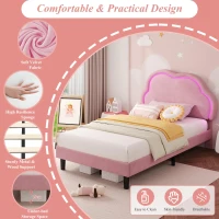 Single Upholstered Bed with Adjustable Cloud Headboard and RGB LED, Perfect for Sophisticated and Modern Bedroom, 194L x 106W x 118H cm, Pink(m-5)