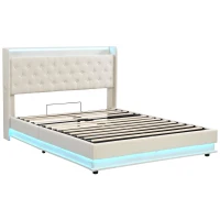 King Upholstered Bed Frame with Hydraulic Storage, LED Lighting and Charging Station, Linen Ottoman Bed with USB and Type-C Ports, 212L x 156W x 113H cm, Beige(m-2)