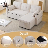 3-in-1 Convertible Sofa Bed with Reversible Chaise, Internal Storage and Cup Holders, L-Shaped Sleeper Sofa with Pillows, 211L x 130W x 86H cm, Beige(m-5)