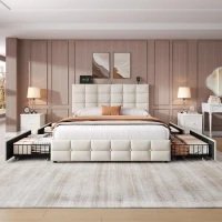 Double Upholstered Bed with 4 Storage Drawers and Charging Station, Adjustable Button Tufted Headboard, Velvet Frame, 195L x 142W x 108H cm, Beige(m-1)