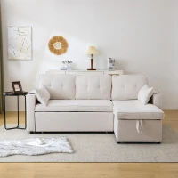 3-in-1 Convertible Sofa Bed with Reversible Chaise, Internal Storage and Cup Holders, L-Shaped Sleeper Sofa with Pillows, 211L x 130W x 86H cm, Beige(m-10)