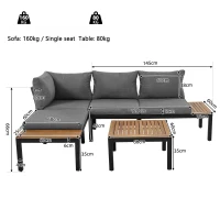 Space-Saving L-Shaped Corner Sofa with Wooden Table, Iron Frame, Outdoor Garden Lounge Set for 4 People, 145L x 60W x 80H cm, Grey(m-3)