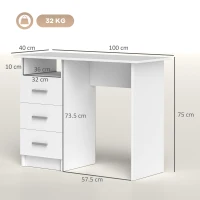 HOMCOM Birou pentru Calculator cu 3 Sertare și Spațiu de Depozitare, 100x40x75 cm, Alb(m-3)