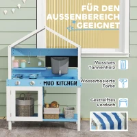 AIYAPLAY Outdoor-Spielküche für Kinder mit Sonnendach, Kochgeschirr-Set, Massivholz, Blau(m-7)