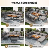 Space-Saving L-Shaped Sofa with Wooden Coffee Table, Stool Table Boxes, Outdoor Garden Lounge Set for 7-8 People, 115L x 60W x 78.5H cm, Grey(m-6)