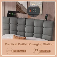 Double Upholstered Bed with 4 Storage Drawers and Charging Station, Adjustable Button Tufted Headboard, Velvet Frame, 195L x 142W x 108H cm, Grey(m-6)